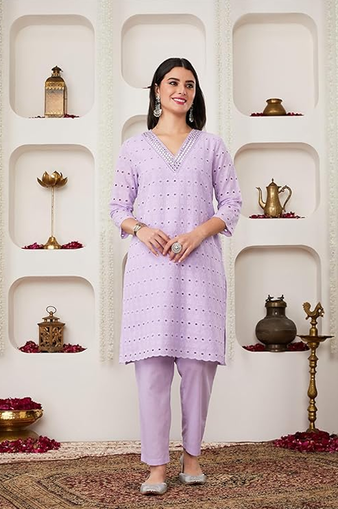 Myx Women Schiffli Embroidery Kurta Pant Co-Ord Set