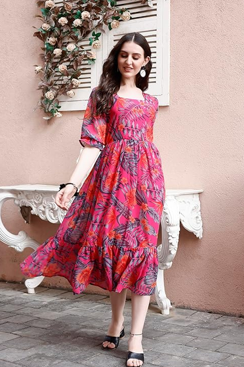 Ethnic Gown || Half Sleeve V Neck Fit & Flare