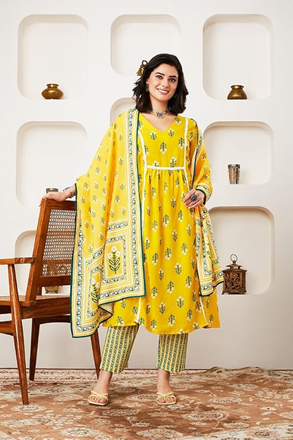 Myx Women's Printed A-line Kurta Pant Set with Dupatta