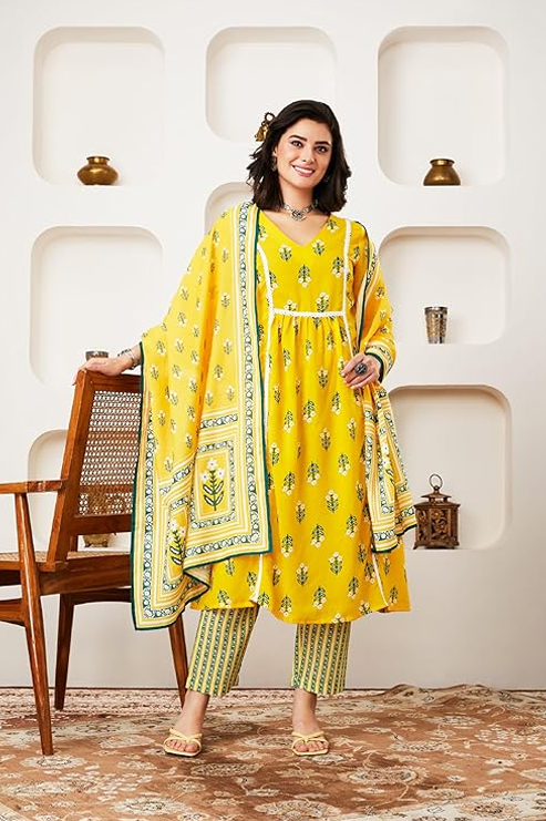 Myx Women's Printed A-line Kurta Pant Set with Dupatta