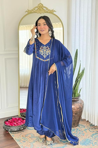 Kurta with Rayon Pant and Silk Chiffon Laced Dupatta Sets