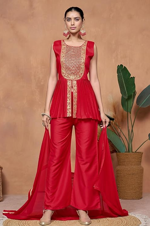 Embroidery A-line Sleeveless Kurta Palazzo with Dupatta Set