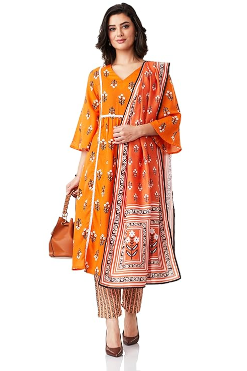 Myx Women's Printed A-line Kurta Pant Set with Dupatta