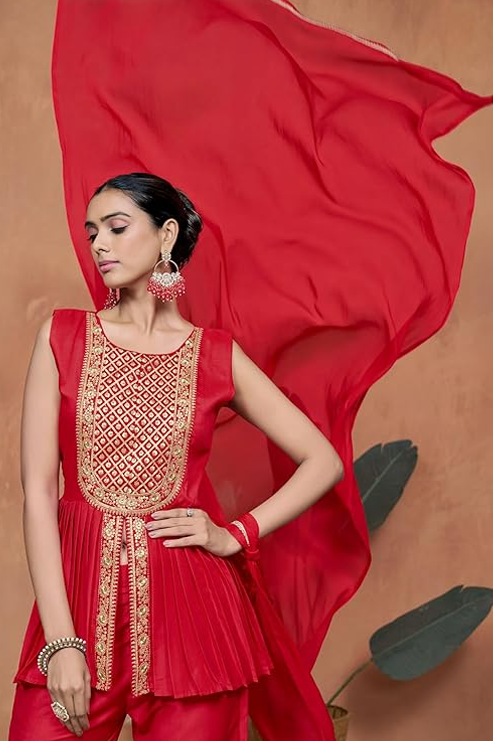 Embroidery A-line Sleeveless Kurta Palazzo with Dupatta Set