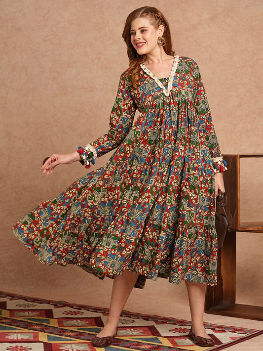 Ethnic Animal Print Flared Midi Dress