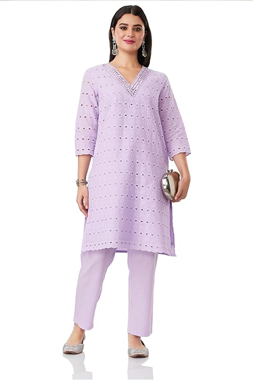 Myx Women Schiffli Embroidery Kurta Pant Co-Ord Set