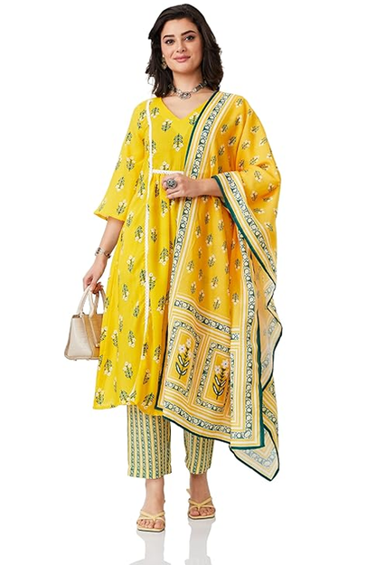 Myx Women's Printed A-line Kurta Pant Set with Dupatta