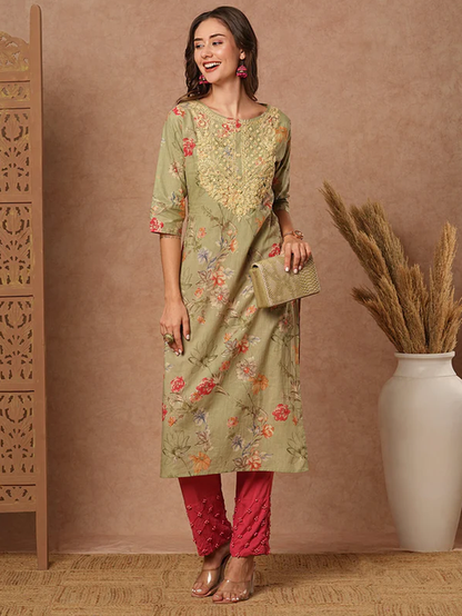 Green Floral Sequins Kurta