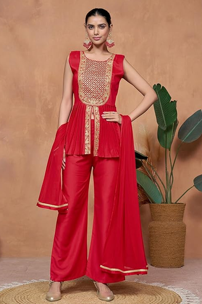 Embroidery A-line Sleeveless Kurta Palazzo with Dupatta Set