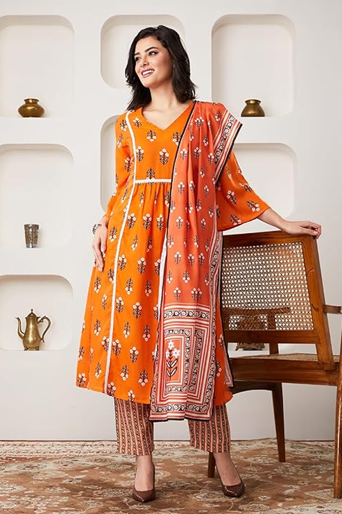 Myx Women's Printed A-line Kurta Pant Set with Dupatta