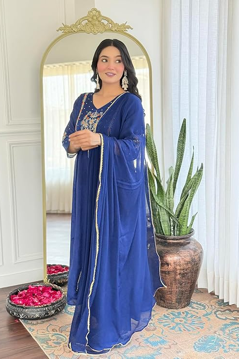 Kurta with Rayon Pant and Silk Chiffon Laced Dupatta Sets