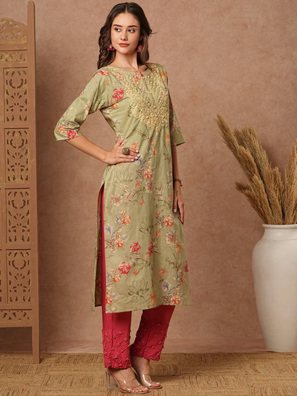 Green Floral Sequins Kurta