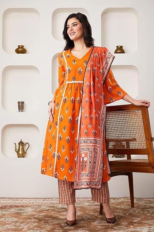 Myx Women's Printed A-line Kurta Pant Set with Dupatta