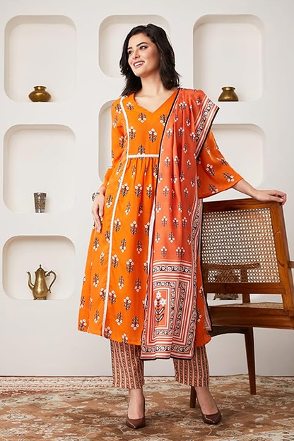 Myx Women's Printed A-line Kurta Pant Set with Dupatta